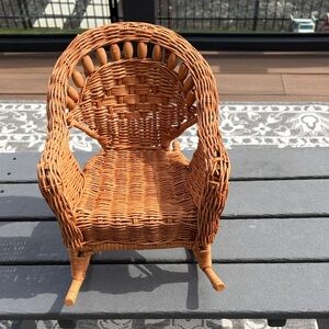 Vintage Woven Wicker Doll Rocking Chair in Warm Brown